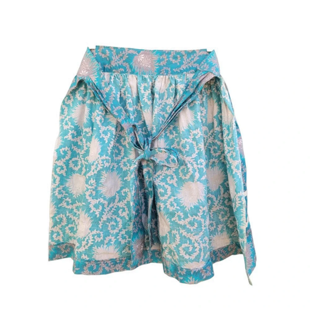 Vintage Handmade‎ Floral Fan Motif, White Trim Detail Tie Back Pocket Half Apron